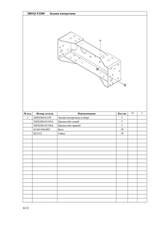 2801Q-T2200 Задняя поперечина
№ поз. Номер детали Наименование Кол-во ** *
1 28ZX288-01192 Задняя поперечина в сборе 1
28ZX288-01195A Кронштейн левый 1
28ZX288-01194A Кронштейн правый 1
Q1841240-0H1 Болт 10
Q32212 Гайка 10
4-11
 