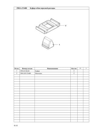 2901A-T1400 Буфер отбоя передней рессоры
№ поз. Номер детали Наименование Кол-во ** *
1 29N-01106-B Буфер 2
2 2901105-T1400 Накладка 2
4-14
 