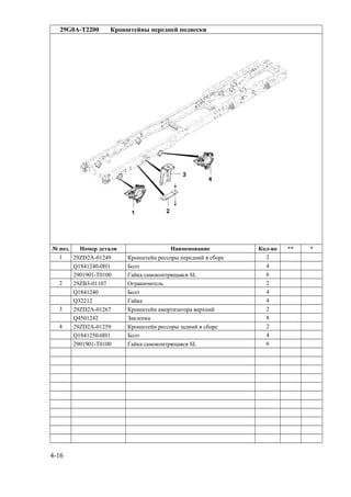 29G0A-T2200 Кронштейны передней подвески
№ поз. Номер детали Наименование Кол-во ** *
1 29ZD2A-01249 Кронштейн рессоры передний в сборе 2
Q1841240-0H1 Болт 4
2901901-T0100 Гайка самоконтрящаяся SL 6
2 29ZB3-01107 Ограничитель 2
Q1841240 Болт 4
Q32212 Гайка 4
3 29ZD2A-01267 Кронштейн амортизатора верхний 2
Q4501242 Заклепка 8
4 29ZD2A-01259 Кронштейн рессоры задний в сборе 2
Q1841250-0H1 Болт 4
2901901-T0100 Гайка самоконтрящаяся SL 6
4-16
 
