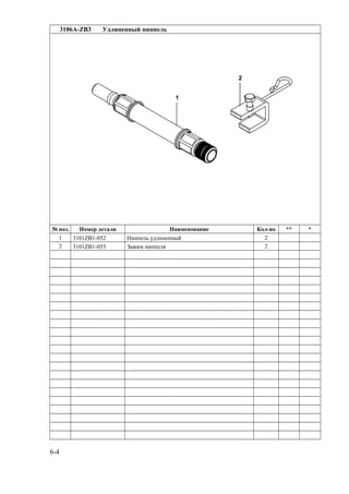 3106A-ZB3 Удлиненный ниппель
№ поз. Номер детали Наименование Кол-во ** *
1 3101ZB1-052 Ниппель удлиненный 2
2 3101ZB1-053 Зажим ниппеля 2
6-4
 