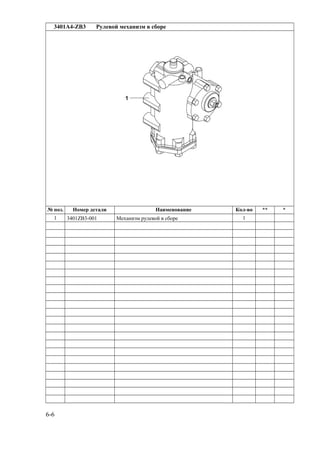 3401A4-ZB3 Рулевой механизм в сборе
№ поз. Номер детали Наименование Кол-во ** *
1 3401ZB3-001 Механизм рулевой в сборе 1
6-6
 