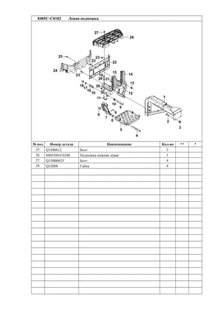 8405C-C0102 Левая подножка
№ поз. Номер детали Наименование Кол-во ** *
25 Q1840612 Болт 2
26 8405309-C0100 Подножка нижняя левая 1
27 Q150B0825 Болт 4
28 Q32008 Гайка 4
 