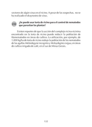 122
vectores de algún virus en el ricino. A pesar de las sospechas, no se
ha realizado el draynostro de virus.
¿Se puede usar torta de ricino para el control de nematodos
que parasitan las plantas?
Existen reportes de que la acción del complejo ricina-ricinina
encontrado en la torta de ricino puede reducir la población de
fitonematodos en áreas de cultivo. La utilización, por ejemplo, de
1.000 kg/ha de torta de ricino redujo la población de los nematodos
de las agallas Meloidogyne incognita y Meloydogine exigua, en áreas
de cultivo irrigado de café, en el sur de Minas Gerais.
232
 