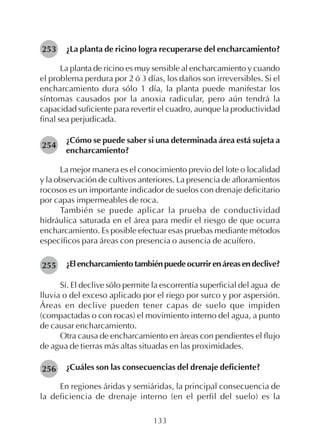 133
¿La planta de ricino logra recuperarse del encharcamiento?
La planta de ricino es muy sensible al encharcamiento y cuando
el problema perdura por 2 ó 3 días, los daños son irreversibles. Si el
encharcamiento dura sólo 1 día, la planta puede manifestar los
síntomas causados por la anoxia radicular, pero aún tendrá la
capacidad suficiente para revertir el cuadro, aunque la productividad
final sea perjudicada.
¿Cómo se puede saber si una determinada área está sujeta a
encharcamiento?
La mejor manera es el conocimiento previo del lote o localidad
y la observación de cultivos anteriores. La presencia de afloramientos
rocosos es un importante indicador de suelos con drenaje deficitario
por capas impermeables de roca.
También se puede aplicar la prueba de conductividad
hidráulica saturada en el área para medir el riesgo de que ocurra
encharcamiento. Es posible efectuar esas pruebas mediante métodos
específicos para áreas con presencia o ausencia de acuífero.
¿Elencharcamientotambiénpuedeocurrirenáreasendeclive?
Sí. El declive sólo permite la escorrentía superficial del agua de
lluvia o del exceso aplicado por el riego por surco y por aspersión.
Áreas en declive pueden tener capas de suelo que impiden
(compactadas o con rocas) el movimiento interno del agua, a punto
de causar encharcamiento.
Otra causa de encharcamiento en áreas con pendientes el flujo
de agua de tierras más altas situadas en las proximidades.
¿Cuáles son las consecuencias del drenaje deficiente?
En regiones áridas y semiáridas, la principal consecuencia de
la deficiencia de drenaje interno (en el perfil del suelo) es la
253
254
255
256
 
