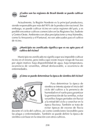 208
¿Cuáles son las regiones de Brasil donde se puede cultivar
ricino?
Actualmente, la Región Nordeste es la principal productora,
siendo responsable por más del 90% de la producción nacional. Sin
embargo, se puede cultivar ricino en varias regiones del país, y es
posible encontrar cultivos comerciales en las Regiones Sur, Sudeste
y Centro-Oeste. Ambientes con altas precipitaciones y muy húmedos,
como la Amazonía y el Pantanal, no son adecuados para el cultivo
de ricino.
¿Municipio no zonificado significa que es no apto para el
cultivo del ricino?
Município no zonificado no significa que sea imposible cultivar
ricino en el mismo, pero indica que existe mayor riesgo de fracaso
por algún motivo: baja disponibilidad de agua, baja temperatura,
ocurrencia de veranillos, altitud desfavorable, u ocurrencia de
enfermedades.
¿Cómo se puede determinar la época de siembra del ricino?
406
407
408
Para determinar la época de
siembra se intenta ajustar el inicio del
ciclo del cultivo a la presencia de
humedad en el suelo para garantizar
la germinación de las semillas, evitar
veranillos (largos períodos sin lluvia)
a la mitad del ciclo y cosechar en la
época lluviosa. También se trata de
evitar épocas de exceso de lluvia
durante el ciclo del cultivo, así como condiciones favorables para
las plagas y enfermedades. También se puede definir la época de
siembra con base en la rotación con otros cultivos.
MARZO
 