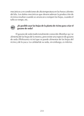 233
mecánicos y en condiciones de alta temperatura en las horas calientes
del día. Los daños mecánicos que desencadenan la producción de
ricinina resultan cuando se arrancan o rompen las hojas, cuando el
tallo se rompe, etc.
¿Es posible usar las hojas de la planta de ricino para criar el
gusano de seda?
El gusano de seda tradicionalmente conocido (Bombyx sp.) se
alimenta de las hojas de la morera, pero existe una especie de gusano
de seda (Philosamia ricini) que se puede alimentar de las hojas del
ricino y de la yuca. La calidad de su seda, sin embargo, es inferior.
467
 