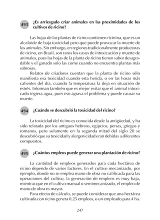 247
¿Es arriesgado criar animales en las proximidades de los
cultivos de ricino?
Las hojas de las plantas de ricino contienen ricinina, que es un
alcaloide de baja toxicidad pero que puede provocar la muerte de
los animales. Sin embargo, en regiones tradicionalmente productoras
de ricino, en Brasil, son raros los casos de intoxicación y muerte de
animales, pues las hojas de la planta de ricino tienen sabor desagra-
dable y el ganado solo las come cuando no encuentra plantas más
sabrosas.
Relatos de criadores cuentan que la planta de ricino sólo
manifiesta esa toxicidad cuando esta herida, o en las horas más
calientes del día, cuando la temperatura la deja en situación de
estrés. Informan también que es mejor evitar que el animal intoxi-
cado ingiera agua, pues eso agrava el problema y puede causar su
muerte.
¿Cuándo se descubrió la toxicidad del ricino?
La toxicidad del ricino es conocida desde la antigüedad, y ha
sido relatada por los antiguos hebreos, egipcios, persas, griegos y
romanos, pero solamente en la segunda mitad del siglo 20 se
descubrió que su toxicidad y alergenicidad eran debidas a diferentes
compuestos.
¿Cuántos empleos puede generar una plantación de ricino?
La cantidad de empleos generados para cada hectárea de
ricino depende de varios factores. En el cultivo mecanizado, por
ejemplo, donde no se emplea mano de obra no calificada para las
operaciones del cultivo, la generación de empleos es muy baja,
mientras que en el cultivo manual o semimecanizado, el empleo de
mano de obra es mayor.
Para efecto de cálculo, se puede considerar que una hectárea
cultivada con ricino genera 0.25 empleos, o un empleado para 4 ha.
493
494
495
 