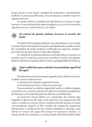 41
tenga acceso a una mayor cantidad de nutrientes y aumentando,
también, la estructura del suelo, el cual empieza a resistir mejor los
agentes erosivos.
En suelos fértiles la producción de biomasa es mayor, lo que
favorece la acumulación de materia orgánica y su acción contra los
agentes erosivos, como la lluvia y el viento.
¿El control de plantas dañinas favorece la erosión del
suelo?
El control de las plantas dañinas con cultivadores o con azadas
favorece hasta cierto punto la erosión, principalmente cuando se trata
de variedades de porte mediano sembradas en espacios amplios,
por el hecho de que dejan el suelo descubierto.
El control de las plantas dañinas con herbicidas no favorece la
erosión, por lo contrario, pues no se revuelve el suelo y las plantas
dañinas muertas se quedan sobre el suelo, protegiéndolo de la lluvia.
¿Qué sedebehacerparacontrolarelescurrimiento superficial
del agua?
Para disminuir el escurrimiento superficial en cultivos de ricino,
se debe actuar en dos formas:
• Aumentar la cubierta vegetal del suelo.
• Crear barreras físicas contra la escorrentía.
Para aumentar la cubierta vegetal del suelo, se deben adoptar
varias técnicas, como la rotación de cultivos con plantas productoras
de bromasa y el control de plantas dañinas con herbicidas.
Las barreras físicas deben ser construidas de manera que
impidan el descenso del agua. Esas barreras son: preparación del
suelo y siembra en curvas a nivel, construcción de terrazas en áreas
con pendiente superior al 8%, siembra de franjas de vegetación
permanente y construcción de canales sumideros y drenajes, que
retiran el exceso de agua del campo sin provocar erosión. La
ubicación de las carreteras y caminos dentro del lote también debe
59
60
 
