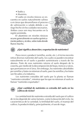 45
• Sodio y
• Aluminio.
El sodio en niveles tóxicos se en-
cuentra en suelos naturalmente salinos
o en áreas que desarrollaron el proceso
de salinización o salado debido a un
riego hecho sin los cuidados necesarios.
Ambos casos son muy frecuentes en la
región semiárida.
El aluminio en niveles tóxicos
ocurre generalmente en suelos química-
mente pobres y ácidos, sobre todo donde
llueve mucho.
63 ¿Qué significa absorción y exportación de nutrientes?
Para crecer y producir (semillas, aceite, etc.), el ricino necesita
retirar diversos nutrientes del suelo, los cuales se pueden encontrar
naturalmente en el suelo o pueden suministrarse a través de los
abonos. Parte de esos nutrientes retorna al suelo después de la
cosecha, por medio de la descomposición de hojas, troncos y raíces,
que permanecen en el área. Sin embargo, los nutrientes absorbidos
por semillas y frutos no retornan al suelo, pues las semillas y los frutos
son llevados a la industria.
Los nutrientes extraídos del suelo por la planta se llaman
“nutrientes extraídos”, mientras que los que no retornan al suelo se
llaman “nutrientes exportados”.
¿Qué cantidad de nutrientes es extraída del suelo en los
cultivos de ricino?
La cantidad total de nutrientes extraída del suelo por el cultivo
de ricino depende de varios factores, como la duración del ciclo, las
características de la variedad, la fertilidad del suelo, el manejo del
cultivo, la productividad y, principalmente, el uso de riego.
64
 