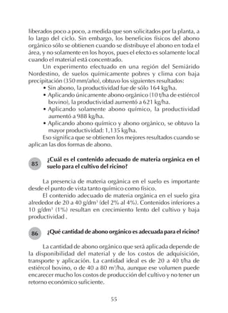 55
liberados poco a poco, a medida que son solicitados por la planta, a
lo largo del ciclo. Sin embargo, los beneficios físicos del abono
orgánico sólo se obtienen cuando se distribuye el abono en toda el
área, y no solamente en los hoyos, pues el efecto es solamente local
cuando el material está concentrado.
Un experimento efectuado en una región del Semiárido
Nordestino, de suelos químicamente pobres y clima con baja
precipitación (350 mm/año), obtuvo los siguientes resultados:
• Sin abono, la productividad fue de sólo 164 kg/ha.
• Aplicando únicamente abono orgánico (10 t/ha de estiércol
bovino), la productividad aumentó a 621 kg/ha.
• Aplicando solamente abono químico, la productividad
aumentó a 988 kg/ha.
• Aplicando abono químico y abono orgánico, se obtuvo la
mayor productividad: 1,135 kg/ha.
Eso significa que se obtienen los mejores resultados cuando se
aplican las dos formas de abono.
¿Cuál es el contenido adecuado de materia orgánica en el
suelo para el cultivo del ricino?
La presencia de materia orgánica en el suelo es importante
desde el punto de vista tanto químico como físico.
El contenido adecuado de materia orgánica en el suelo gira
alrededor de 20 a 40 g/dm3
(del 2% al 4%). Contenidos inferiores a
10 g/dm3
(1%) resultan en crecimiento lento del cultivo y baja
productividad .
¿Qué cantidad de abono orgánico es adecuada para el ricino?
La cantidad de abono orgánico que será aplicada depende de
la disponibilidad del material y de los costos de adquisición,
transporte y aplicación. La cantidad ideal es de 20 a 40 t/ha de
estiércol bovino, o de 40 a 80 m3
/ha, aunque ese volumen puede
encarecer mucho los costos de producción del cultivo y no tener un
retorno económico suficiente.
85
86
 
