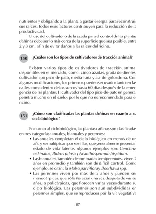 87
nutrientes y obligando a la planta a gastar energía para reconstruir
sus raíces. Todos esos factores contribuyen para la reducción de la
productividad.
El uso del cultivador o de la azada para el control de las plantas
dañinas debe ser lo más cerca de la superficie que sea posible, entre
2 y 3 cm, a fin de evitar daños a las raíces del ricino.
¿Cuáles son los tipos de cultivadores de tracción animal?
Existen varios tipos de cultivadores de tracción animal
disponibles en el mercado, como: cinco azadas, grada de dientes,
cultivador tipo pico-de-pato, media-luna y ala-de-golondrina. Con
algunas modificaciones, los primeros pueden ser usados tanto en las
calles como dentro de los surcos hasta 60 días después de la emer-
gencia de las plantas. El cultivador del tipo pico-de-pato en general
penetra mucho en el suelo, por lo que no es recomendado para el
ricino.
¿Cómo son clasificadas las plantas dañinas en cuanto a su
ciclo biológico?
En cuanto al ciclo biológico, las plantas dañinas son clasificadas
en tres categorías: anuales, bianuales y perennes:
• Las anuales completan el ciclo biológico en menos de un
año y se multiplican por semillas, que generalmente presentan
estado de vida latente. Algunos ejemplos son: Cenchrus
echinatus, Bidens pilosa y Acanthospermun hispidum.
• Las bianuales, también denominadas semiperennes, viven 2
años en promedio y también son de difícil control. Como
ejemplo, se citan: la Malva parviflora y Boerhavia spp.
• Las perennes viven por más de 2 años y pueden ser
monocárpicas, que sólo florecen una vez después de varios
años, o policárpicas, que florecen varias veces durante su
ciclo biológico. Las perennes son aún subdivididas en
perennes simples, que se reproducen por la vía vegetativa
150
151
 