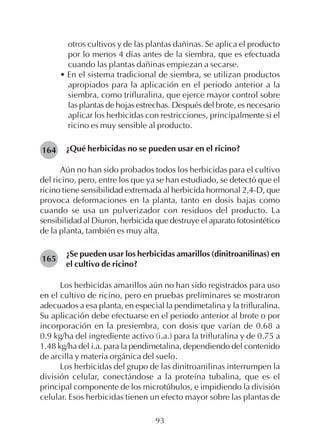 93
otros cultivos y de las plantas dañinas. Se aplica el producto
por lo menos 4 días antes de la siembra, que es efectuada
cuando las plantas dañinas empiezan a secarse.
• En el sistema tradicional de siembra, se utilizan productos
apropiados para la aplicación en el periodo anterior a la
siembra, como trifluralina, que ejerce mayor control sobre
las plantas de hojas estrechas. Después del brote, es necesario
aplicar los herbicidas con restricciones, principalmente si el
ricino es muy sensible al producto.
¿Qué herbicidas no se pueden usar en el ricino?
Aún no han sido probados todos los herbicidas para el cultivo
del ricino, pero, entre los que ya se han estudiado, se detectó que el
ricino tiene sensibilidad extremada al herbicida hormonal 2,4-D, que
provoca deformaciones en la planta, tanto en dosis bajas como
cuando se usa un pulverizador con residuos del producto. La
sensibilidad al Diuron, herbicida que destruye el aparato fotosintético
de la planta, también es muy alta.
¿Se pueden usar los herbicidas amarillos (dinitroanilinas) en
el cultivo de ricino?
Los herbicidas amarillos aún no han sido registrados para uso
en el cultivo de ricino, pero en pruebas preliminares se mostraron
adecuados a esa planta, en especial la pendimetalina y la trifluralina.
Su aplicación debe efectuarse en el periodo anterior al brote o por
incorporación en la presiembra, con dosis que varían de 0.68 a
0.9 kg/ha del ingrediente activo (i.a.) para la trifluralina y de 0.75 a
1.48 kg/ha del i.a. para la pendimetalina, dependiendo del contenido
de arcilla y materia orgánica del suelo.
Los herbicidas del grupo de las dinitroanilinas interrumpen la
división celular, conectándose a la proteína tubalina, que es el
principal componente de los microtúbulos, e impidiendo la división
celular. Esos herbicidas tienen un efecto mayor sobre las plantas de
164
165
 