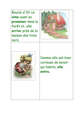 Boucle d'Or ce
aime aussi se
promener dans la
forêt et, elle
arrive près de la
maison des trois
ours.




                    Comme elle est bien
                    curieuse de savoir
                    qui habite, elle
                    entra.
 