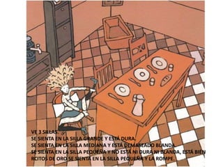 VE 3 SILLAS.
SE SIENTA EN LA SILLA GRANDE Y ESTÁ DURA.
SE SIENTA EN LA SILLA MEDIANA Y ESTÁ DEMASEADO BLANDA.
SE SIENTA EN...