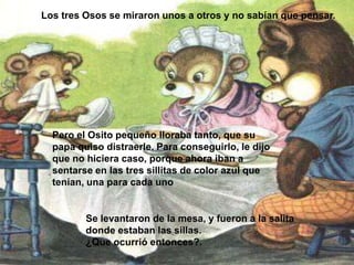 Los tres Osos se miraron unos a otros y no sabían que pensar.

Pero el Osito pequeño lloraba tanto, que su
papa quiso distraerle. Para conseguirlo, le dijo
que no hiciera caso, porque ahora iban a
sentarse en las tres sillitas de color azul que
tenían, una para cada uno

Se levantaron de la mesa, y fueron a la salita
donde estaban las sillas.
¿Que ocurrió entonces?.

 