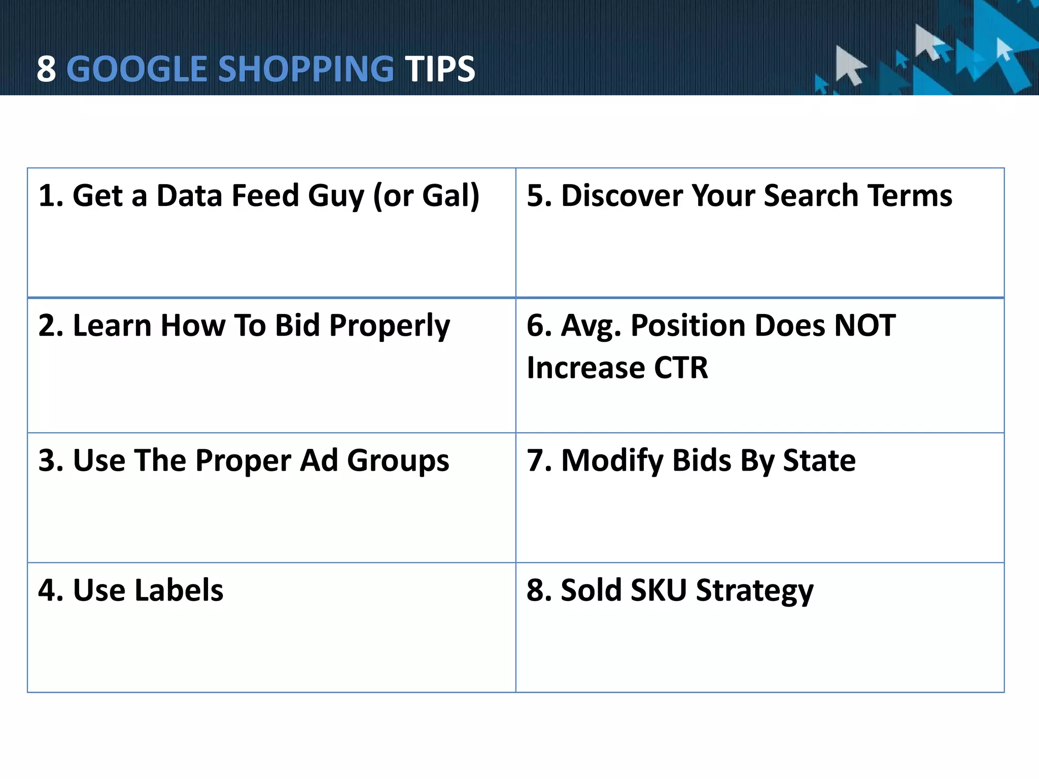 8 GOOGLE SHOPPING TIPS
1. Get a Data Feed Guy (or Gal) 5. Discover Your Search Terms
2. Learn How To Bid Properly 6. Avg. Position Does NOT
Increase CTR
3. Use The Proper Ad Groups 7. Modify Bids By State
4. Use Labels 8. Sold SKU Strategy