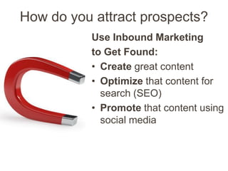 How do you attract prospects?
           Use Inbound Marketing
           to Get Found:
           • Create great content
           • Optimize that content for
             search (SEO)
           • Promote that content using
             social media
 