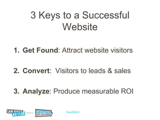3 Keys to a Successful
            Website

1. Get Found: Attract website visitors

2. Convert: Visitors to leads & sales

3. Analyze: Produce measurable ROI
 