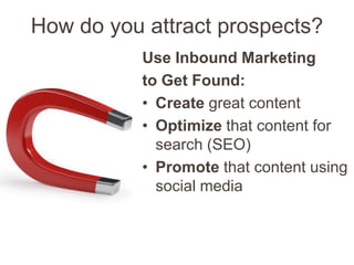 How do you attract prospects?
           Use Inbound Marketing
           to Get Found:
           • Create great content
...
