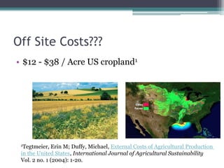 Off Site Costs???
• $12 - $38 / Acre US cropland1
1Tegtmeier, Erin M; Duffy, Michael, External Costs of Agricultural Production
in the United States, International Journal of Agricultural Sustainability
Vol. 2 no. 1 (2004): 1-20.
 