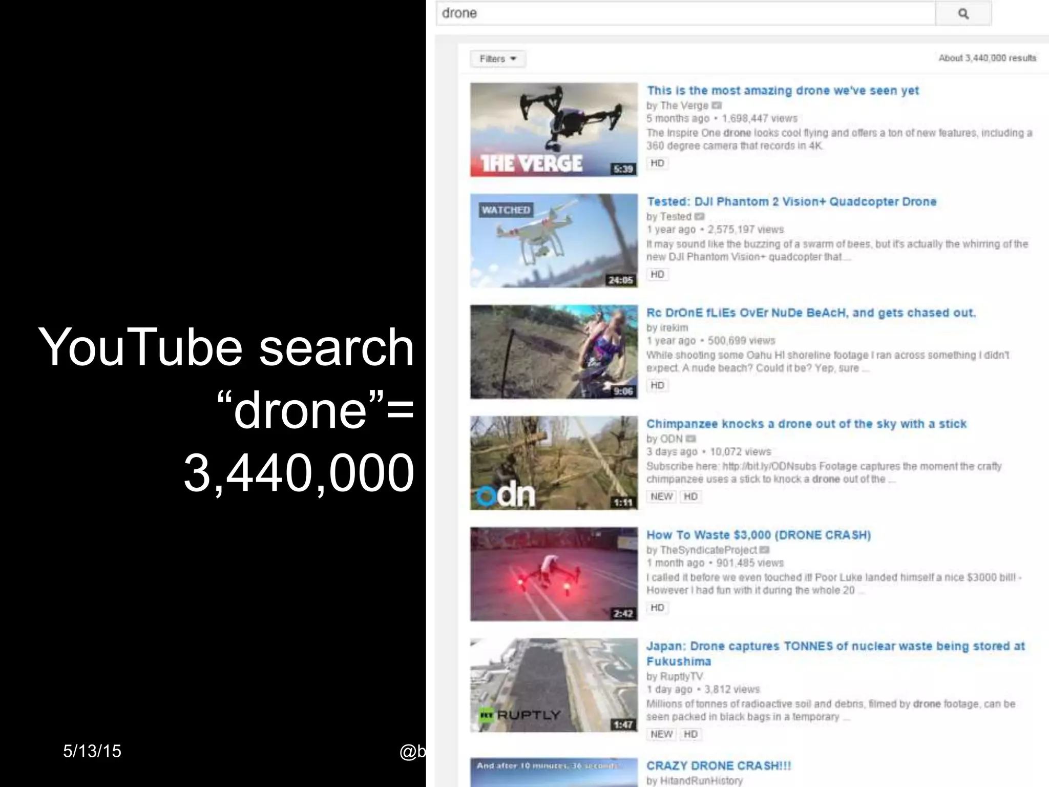 YouTube search
“drone”=
3,440,000
5/13/15 @bricker #CUGOS2015 #dronie 12
 