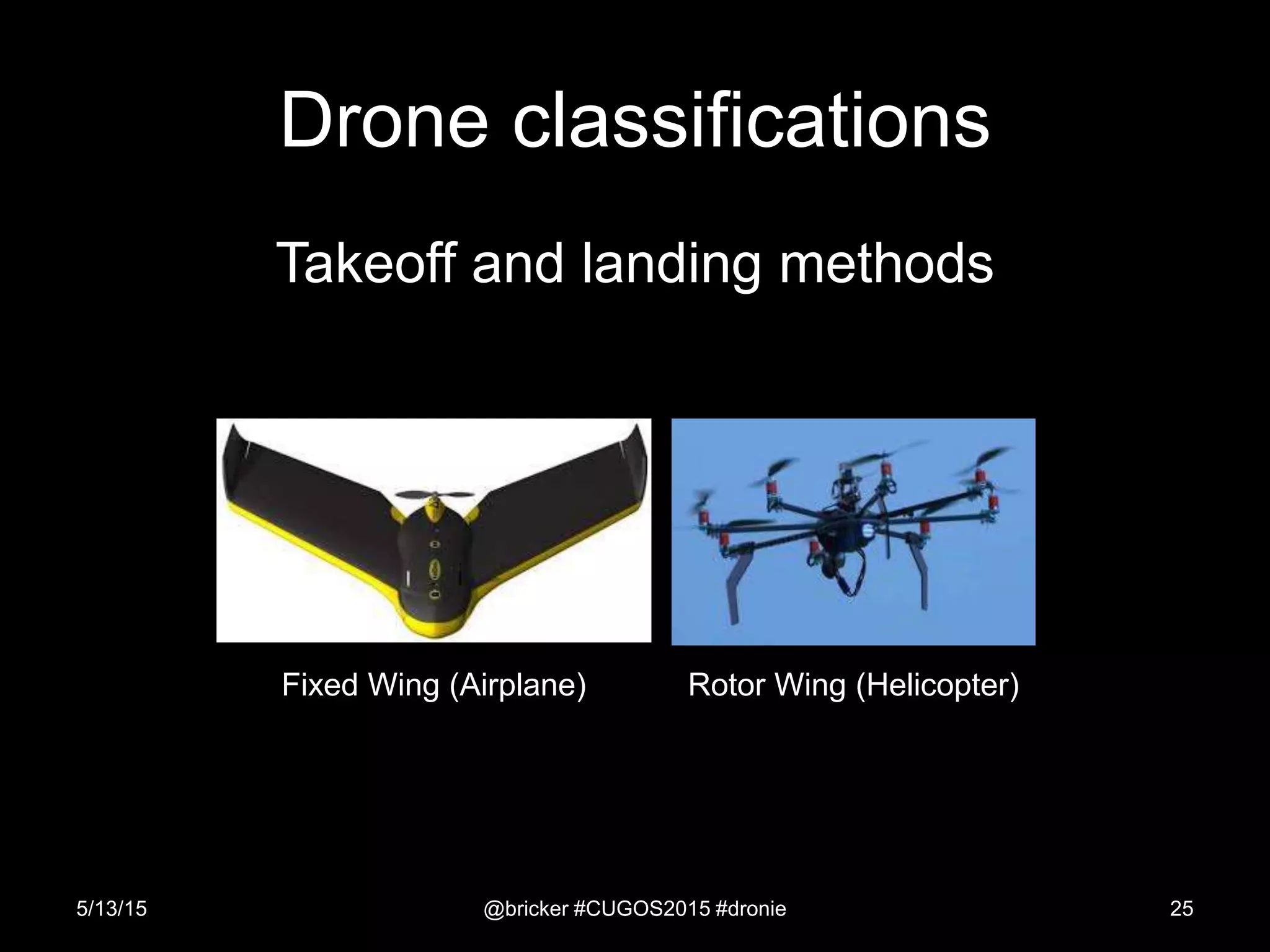 Drone classifications
Takeoff and landing methods
5/13/15 @bricker #CUGOS2015 #dronie 25
Fixed Wing (Airplane) Rotor Wing (Helicopter)
 