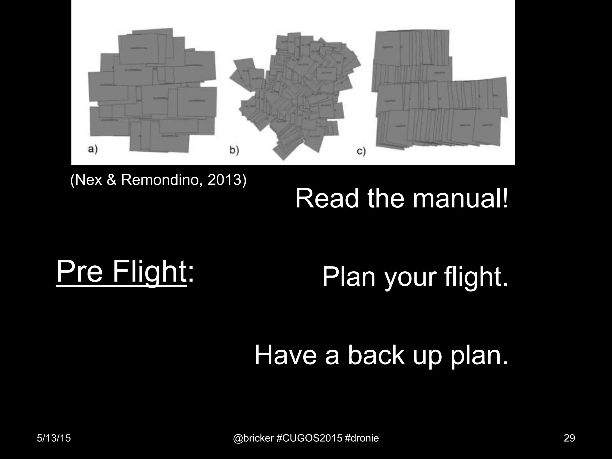 Pre Flight:
Read the manual!
Plan your flight.
Have a back up plan.
5/13/15 @bricker #CUGOS2015 #dronie 29
(Nex & Remondino, 2013)
 