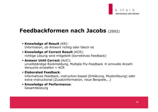 Feedbackformen nach Jacobs                                 (2002)


 Knowledge of Result (KR):
  Information, ob Antwort richtig oder falsch ist
 Knowledge of Correct Result (KCR):
  richtige Lösung wird mitgeteilt (korrektives Feedback)
 Answer Until Correct (AUC):
  unvollständige Rückmeldung, Multiple-Try-Feedback  sinnvolle Anzahl
  Versuche einstellen + KCR
 Elaborated Feedback:
  informatives Feedback, instruction-based (Erklärung, Musterlösung) oder
  extra-instructional (Zusatzinformation, neue Beispiele,…)
 Knowledge of Performance:
  Gesamtleistung



                                                                            16
 