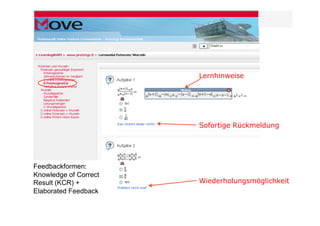 Lernhinweise




                       Sofortige Rückmeldung




Feedbackformen:
Knowledge of Correct
Result (KCR) +         Wiederholungsmöglichkeit
Elaborated Feedback
 