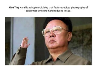 One Tiny Hand is a single topic blog that features edited photographs of
celebrities with one hand reduced in size.

 