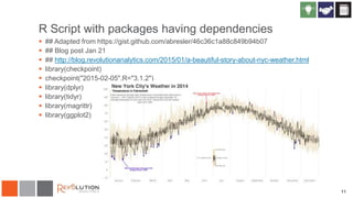 11
R Script with packages having dependencies
 ## Adapted from https://gist.github.com/abresler/46c36c1a88c849b94b07
 ## Blog post Jan 21
 ## http://blog.revolutionanalytics.com/2015/01/a-beautiful-story-about-nyc-weather.html
 library(checkpoint)
 checkpoint("2015-02-05",R="3.1.2")
 library(dplyr)
 library(tidyr)
 library(magrittr)
 library(ggplot2)
 