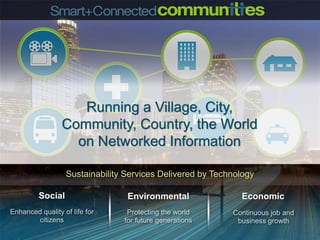 Running a Village, City,
                                             Community, Country, the World
                                               on Networked Information

                                                 Sustainability Services Delivered by Technology

                        Social                                  Environmental               Economic
Enhanced quality of life for                                    Protecting the world      Continuous job and
       citizens                                                for future generations      business growth
© 2010 Cisco and/or its affiliates. All rights reserved.                                              Cisco Confidential   12
 
