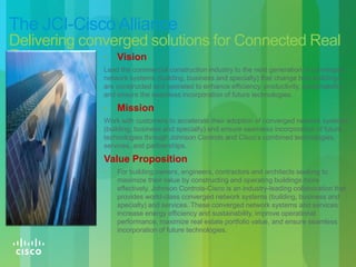 The JCI-Cisco Alliance
Delivering converged solutions for Connected Real
Estate        • Vision
              Lead the commercial construction industry to the next generation of converged
              network systems (building, business and specialty) that change how buildings
              are constructed and operated to enhance efficiency, productivity, sustainability,
              and ensure the seamless incorporation of future technologies.

              •   Mission
              Work with customers to accelerate their adoption of converged network systems
              (building, business and specialty) and ensure seamless incorporation of future
              technologies through Johnson Controls and Cisco’s combined technologies,
              services, and partnerships.

              Value Proposition
              •   For building owners, engineers, contractors and architects seeking to
                  maximize their value by constructing and operating buildings more
                  effectively, Johnson Controls-Cisco is an industry-leading collaboration that
                  provides world-class converged network systems (building, business and
                  specialty) and services. These converged network systems and services
                  increase energy efficiency and sustainability, improve operational
                  performance, maximize real estate portfolio value, and ensure seamless
                  incorporation of future technologies.
 