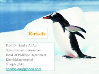 Rickets

Prof. Dr. Saad S Al Ani
Senior Pediatric consultant
Head Of Pediatric Department
Khorfakkan hospital
Sharjah ,UAE
saadsalani@yahoo.com
 