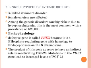 X-LINKED HYPOPHOSPHATEMIC RICKETS
 X-linked dominant disorder
 female carriers are affected
 Among the genetic disorders causing rickets due to
hypophosphatemia, this is the most common, with a
prevalence of 1/20,000.
 Pathophysiology
 defective gene is called PHEX because it is a
PHosphate-regulating gene with homology to
Endopeptidases on the X chromosome.
 The product of this gene appears to have an indirect
role in inactivating FGF-23. Mutations in the PHEX
gene lead to increased levels of FGF-23
 
