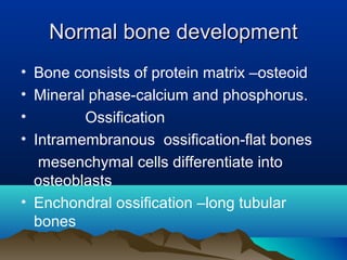 NNoorrmmaall bboonnee ddeevveellooppmmeenntt 
• Bone consists of protein matrix –osteoid 
• Mineral phase-calcium and phosphorus. 
• Ossification 
• Intramembranous ossification-flat bones 
mesenchymal cells differentiate into 
osteoblasts 
• Enchondral ossification –long tubular 
bones 
 