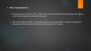  Role of phosphatonins-
 Phosphatonins viz. FGF-23, FGF-7, SFRP-4 and matrix extracellular phosphoglycoprotein reduce
renal sodium dependent phosphate transport.
 FGF-23 and SFRP-4 inhibit 1,25-dihydroxyvitamin D synthesis, leads to decline in phosphate
absorption and decreased reabsorption of phosphate from kidneys,
31
 