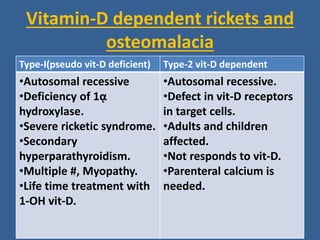 Vitamin-D dependent rickets and
osteomalacia
Type-I(pseudo vit-D deficient) Type-2 vit-D dependent
•Autosomal recessive
•Deficiency of 1ᾳ
hydroxylase.
•Severe ricketic syndrome.
•Secondary
hyperparathyroidism.
•Multiple #, Myopathy.
•Life time treatment with
1-OH vit-D.
•Autosomal recessive.
•Defect in vit-D receptors
in target cells.
•Adults and children
affected.
•Not responds to vit-D.
•Parenteral calcium is
needed.
 