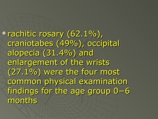 

rachitic rosary (62.1%),
craniotabes (49%), occipital
alopecia (31.4%) and
enlargement of the wrists
(27.1%) were the four most
common physical examination
findings for the age group 0−6
months

 