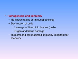• Pathogenesis and Immunity
   – No known toxins or immunopathology
   – Destruction of cells
      • Leakage of blood into tissues (rash)
      • Organ and tissue damage
   – Humoral and cell mediated immunity important for
     recovery
 