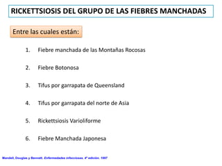 RICKETTSIOSIS DEL GRUPO DE LAS FIEBRES MANCHADAS

      Entre las cuales están:

               1.      Fiebre manchada de las Montañas Rocosas

               2.      Fiebre Botonosa

               3.      Tifus por garrapata de Queensland

               4.      Tifus por garrapata del norte de Asia

               5.      Rickettsiosis Varioliforme

               6.      Fiebre Manchada Japonesa


Mandell, Douglas y Bennett. Enfermedades infecciosas. 4º edición. 1997
 