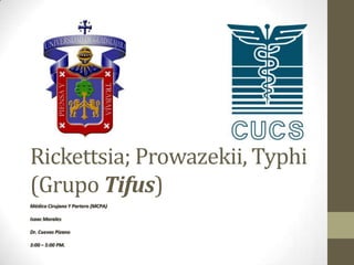Rickettsia; Prowazekii, Typhi
(Grupo Tifus)
Médico Cirujano Y Partero (MCPA)
Isaac Morales
Dr. Cuevas Pizano
3:00 – 5:00 PM.
 