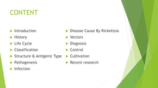 CONTENT
 Introduction
 History
 Life Cycle
 Classification
 Structure & Antigenic Type
 Pathogenesis
 Infection
 Disease Cause By Rickettsia
 Vectors
 Diagnosis
 Control
 Cultivation
 Recent research
 