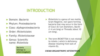 INTRODUCTION
 Domain: Bacteria
 Phylum: Proteobacteria
 Class: Alphaproteobacteria
 Order: Rickettsiales
 Family: Rickettsiaceae
 Genus: Scientific
name: Rickettsia
 Rickettsia is a genus of non motile,
Gram Negative, non spore forming
bacteria that may occur in the form
of Cocci (0.1um diameter), Bacilli
(1-4 um long) or Threads( about 10
um long).
 The term RICKETTSIA is not related
to rickets ( which is deficiency
disease resulting from lack of
vitamin D).
Bacteria
belongs to
which kingdom?
CHEMO-ORGANOTROPIC HETEROTROPS
 
