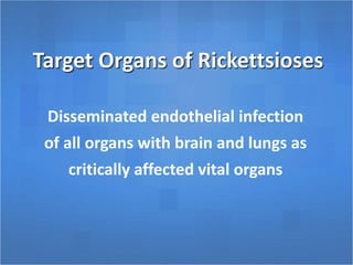 Target Organs of Rickettsioses
Disseminated endothelial infection
of all organs with brain and lungs as
critically affected vital organs
 