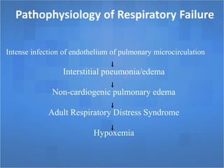 Pathophysiology of Respiratory Failure
Intense infection of endothelium of pulmonary microcirculation
Interstitial pneumonia/edema
Non-cardiogenic pulmonary edema
Adult Respiratory Distress Syndrome
Hypoxemia
 