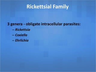 Rickettsial Family
3 genera - obligate intracellular parasites:
– Rickettsia
– Coxiella
– Ehrlichia
 
