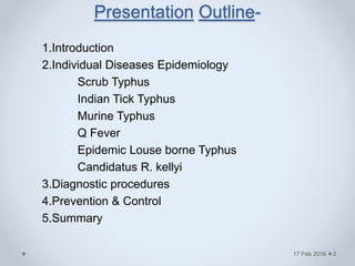 Presentation Outline-
1.Introduction
2.Individual Diseases Epidemiology
Scrub Typhus
Indian Tick Typhus
Murine Typhus
Q Fever
Epidemic Louse borne Typhus
Candidatus R. kellyi
3.Diagnostic procedures
4.Prevention & Control
5.Summary
17 Feb 2016 3
 