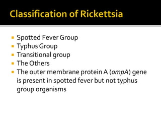    Spotted Fever Group
   Typhus Group
   Transitional group
   The Others
   The outer membrane protein A (ompA) gene
    is present in spotted fever but not typhus
    group organisms
 