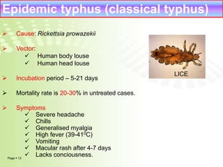 Epidemic typhus (classical typhus) 
 Cause: Rickettsia prowazekii 
 Vector: 
Page  12 
 Human body louse 
 Human head louse 
 Incubation period – 5-21 days 
 Mortality rate is 20-30% in untreated cases. 
 Symptoms 
 Severe headache 
 Chills 
 Generalised myalgia 
 High fever (39-410C) 
 Vomiting 
 Macular rash after 4-7 days 
 Lacks conciousness. 
LICE 
 